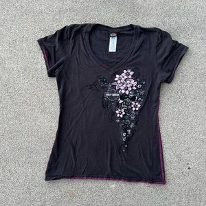 Women’s black Harley Davidson tee with flower graphic on front and back